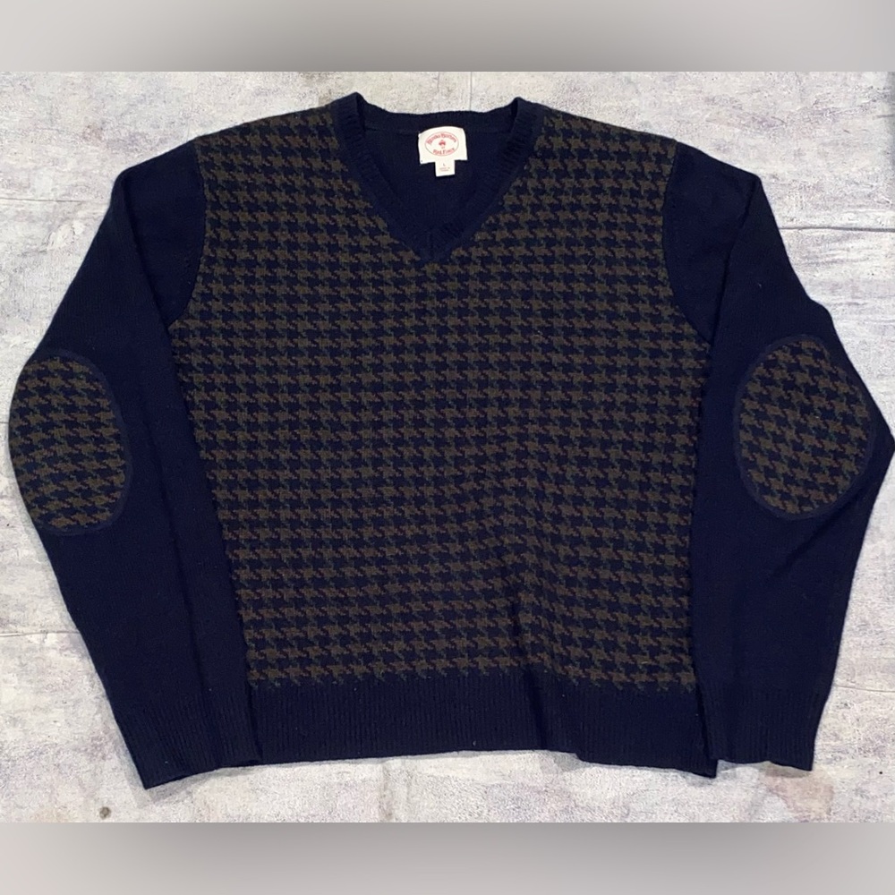 Brooks Brothers Houndstooth Elbow Pads Vneck Sweater Lambswool Wool L Vintage
